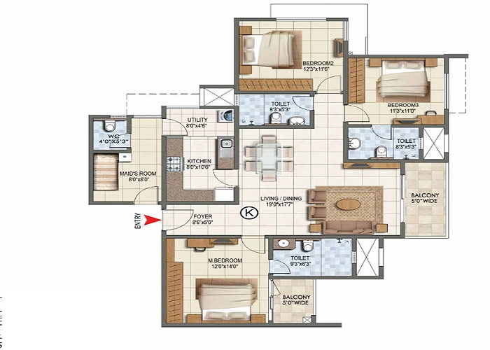 Featured Image of The Prestige City Indirapuram 2 BHK Apartment Floor Plan